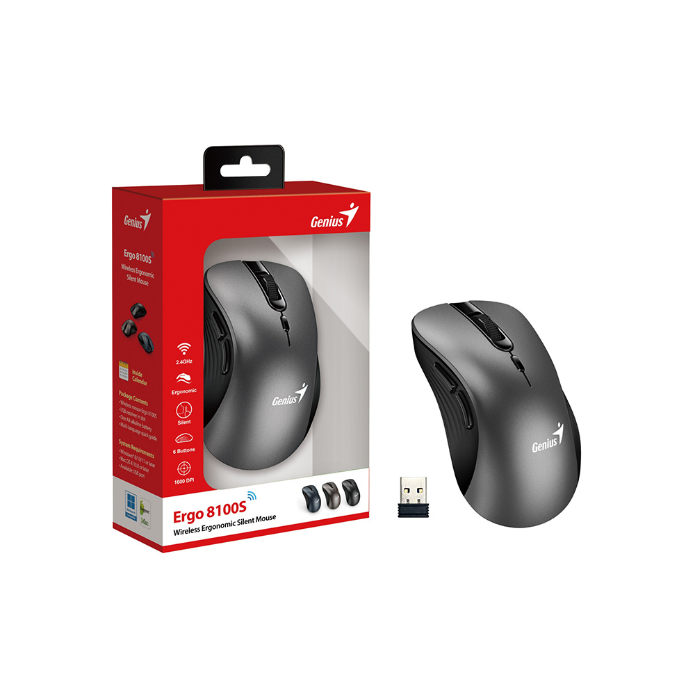 MOUSE GENIUS ERGO 8100S WIRELESS  IRON GREY  SILENCIO  6 BOTONES  RF 2 4GHZ   PILA AA X 1