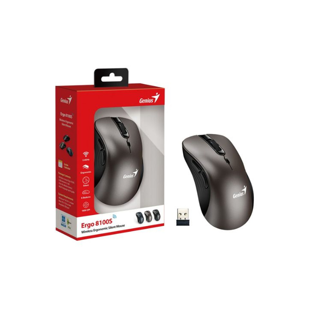 MOUSE GENIUS ERGO 8100S WIRELESS  CHAMPAGNE TITANIUM  SILENCIO  6 BOTONES  RF 2 4GHZ   PILA AA X 1