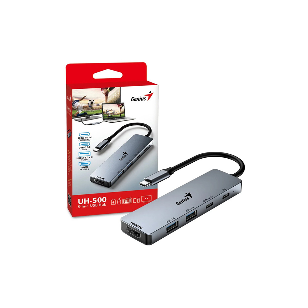 HUB GENIUS UH 500 USB C A 5 PUERTOS  USB A  2   USB C  1   HDMI  1   PD CARGA  1   WIN 10 11  MAC