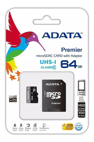 MEMORIA MICRO SD 64 GB CON ADAPTADOR CLASS10 ADATA
