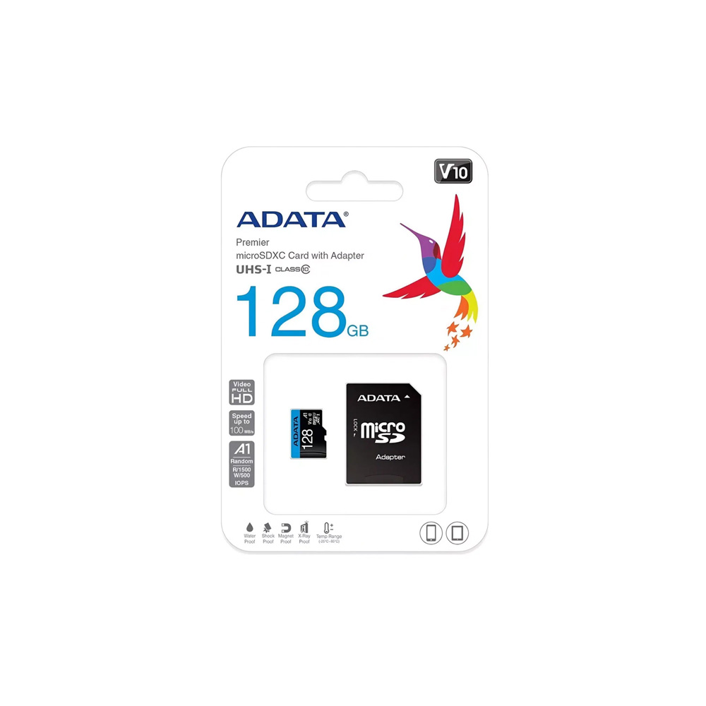 MICRO SDXC ADATA 128GB CON ADAPTADOR  UHS I CLASS 10  V10  A1  LECTURA 100MB S ESCRITURA 25MB S 
