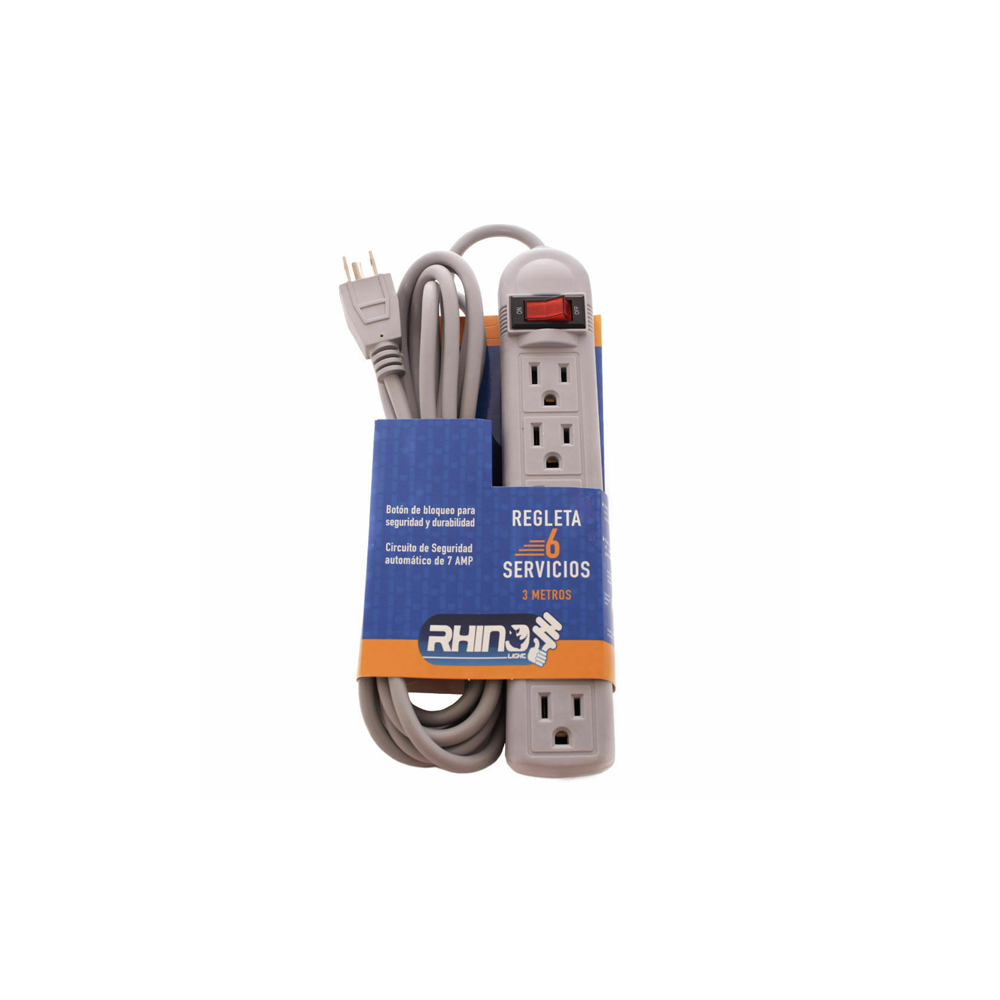 REGLETA RHINO GT AS004 6 TOMAS CABLE 3 METROS BOTON ENCENDIDO APAGADO CIRCUITO DE SEGURIDAD 7AMP