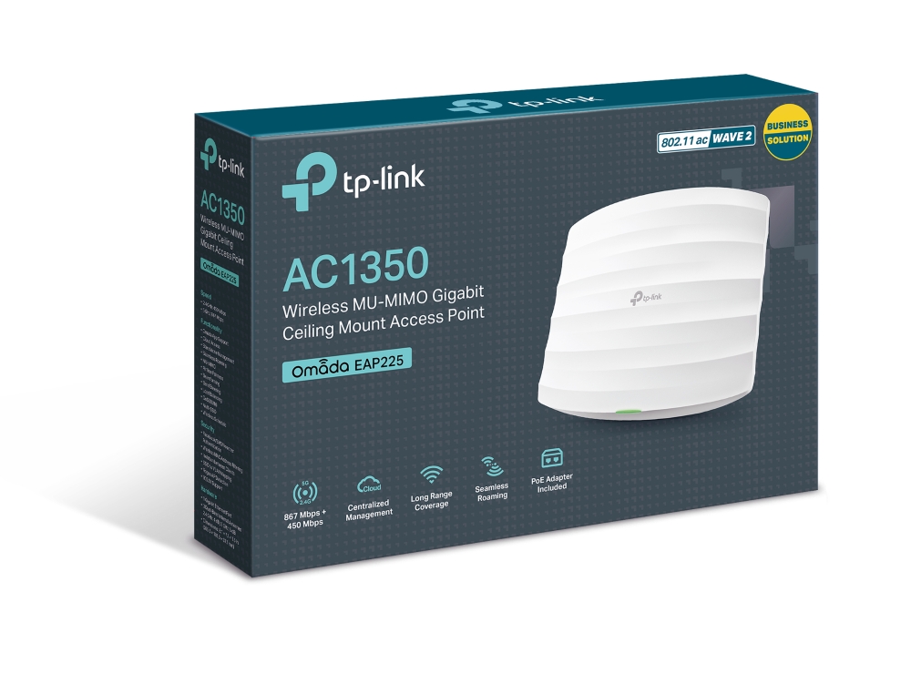 ACCESS POINT TP LINK EAP225  AC1350 DUAL BAND CEILING MOUNT  QUALCOMM  867MBPS AT 5GHZ   450MBPS AT