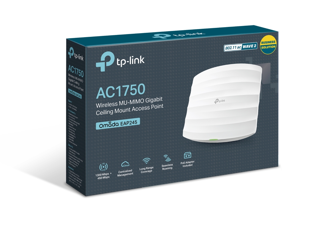 ACCESS POINT TP LINK EAP245  AC1750 CEILING MOUNT  QUALCOMM  1300MBPS AT 5GHZ   450MBPS AT 2 4GHZ  1