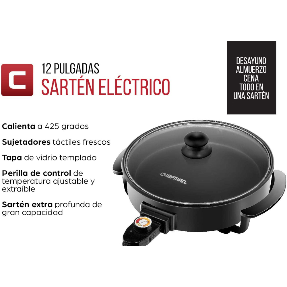 SARTEN ELECTRICO CHEFMAN 12PULG  REDONDO 3 EN 1 CTRL TEMPERATURA ANTIADHERENTE NEGRO