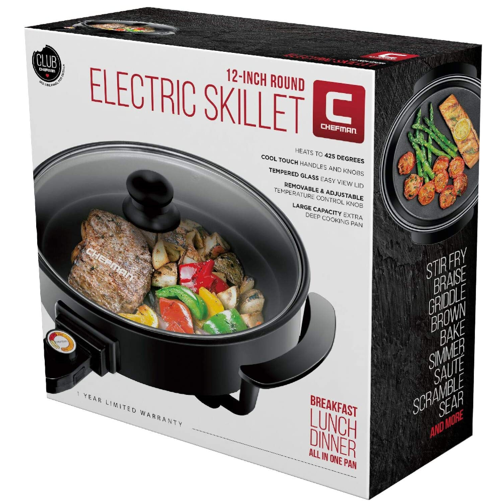 SARTEN ELECTRICO CHEFMAN 12PULG  REDONDO 3 EN 1 CTRL TEMPERATURA ANTIADHERENTE NEGRO