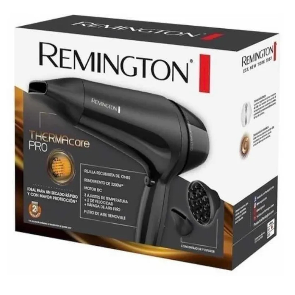 SECADOR DE CABELLO REMINGTON THERMCARE 1900W 2 VEL. 3 AJUSTES NEGRO