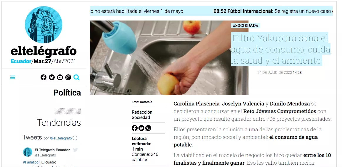 El Telégrafo: Filtro Yakupura sana el agua de consumo, cuida la salud y el ambiente