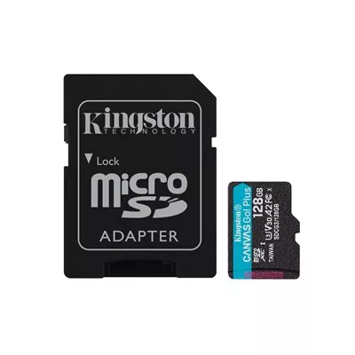 Kingston Canvas Go  Plus   Tarjeta de memoria flash  adaptador microSDXC a SD Incluido    128 GB   A2   Video Class V30   UHS I U3   Class10   microSDXC UHS I