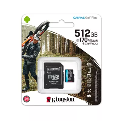 Kingston Canvas Go  Plus   Tarjeta de memoria flash  adaptador microSDXC a SD Incluido    512 GB   A2   Video Class V30   UHS I U3   Class10   microSDXC UHS I