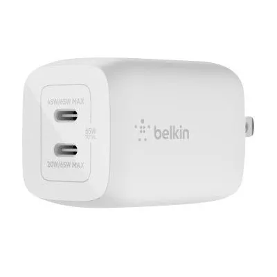 Belkin   Adaptador de corriente   tecnologia PPS y GaN   65 vatios   3 25 A   Fast Charge  PD 3 0   2 conectores de salida  2 USB C    blanco   para Apple iPhone 12  13  14  Google Pixel 5  Pixel 6  Samsung Galaxy S21  S21 5G  S21  5G