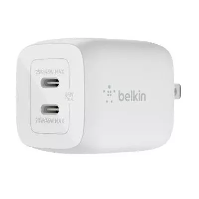 Belkin   Adaptador de corriente   tecnologia PPS y GaN   45 vatios   3 A   Fast Charge  PD 3 0   2 conectores de salida  2 USB C    blanco Cargador