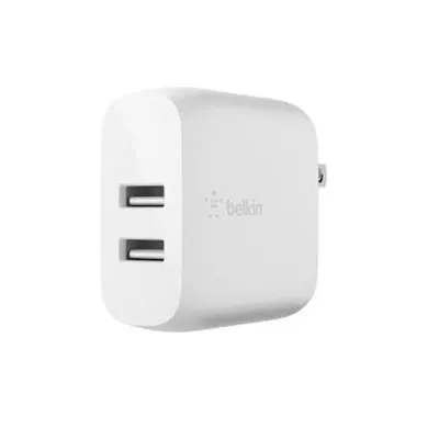 Belkin   Cargador de pared   24 vatios   4 8 A   2 conectores de salida  USB    blanco