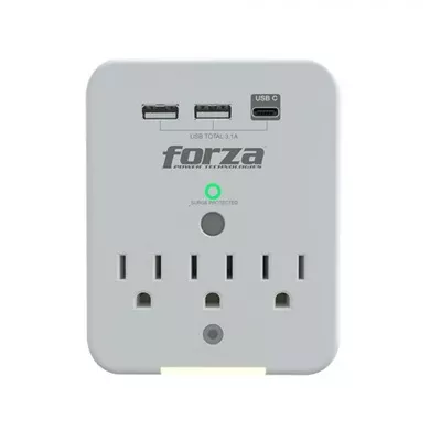 Forza FWT 331USBC   Protector contra sobretensiones  montaje en pared    CA 125 V   1875 vatios   conectores de salida  3   blanco