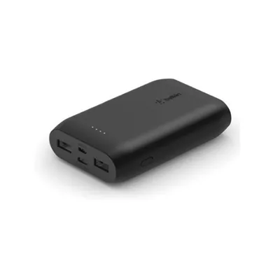 Belkin   Cargador portatil   10000 mAh   15 vatios   3 conectores de salida  2 x USB  24 pin USB C    en el cable  USB  USB C   negro