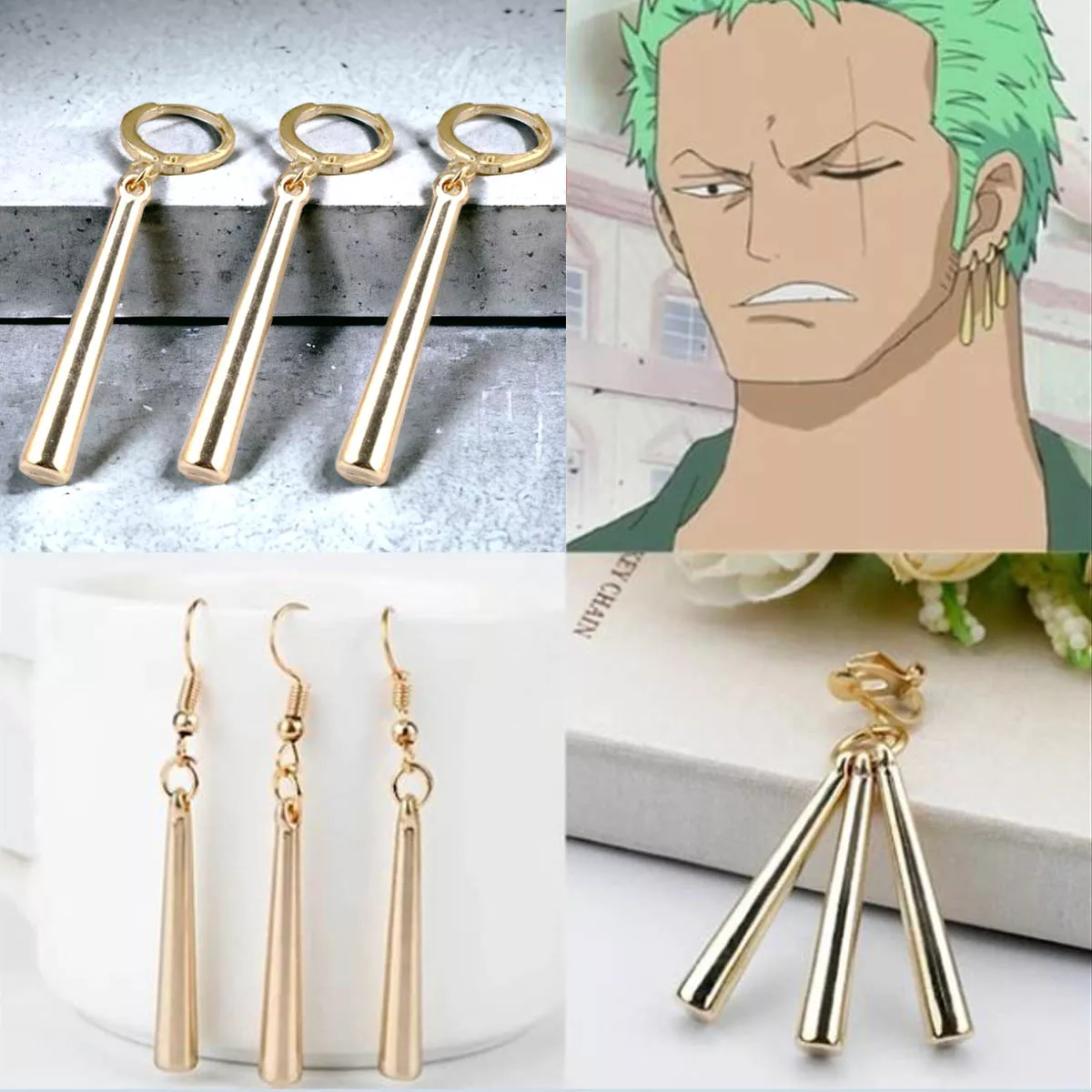 One Piece Roronoa Zoro Aretes a Presión y Perforación